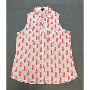 Express Portofino Shirt Pink Pineapples V Neck Roll Tab Sleeveless Shirt Large